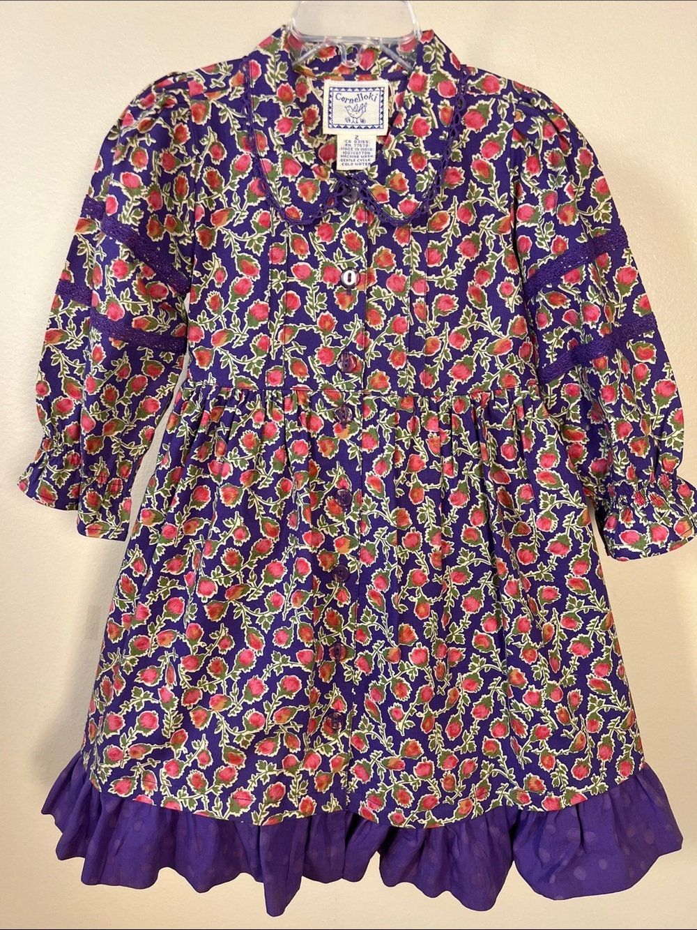 Vintage April Cornell Purple Floral Long-Sleeve boho, prairie, cottagecore Dress